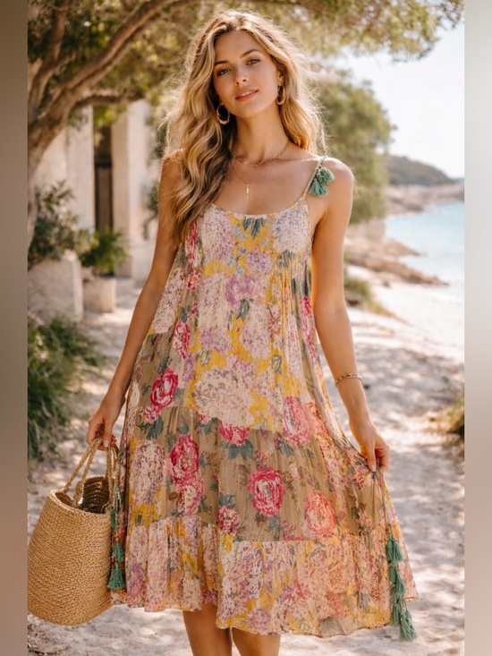 Anthropologie Z&L Boho Floral Maxi Dress Tassels Cottage Festival Prairie Sz L